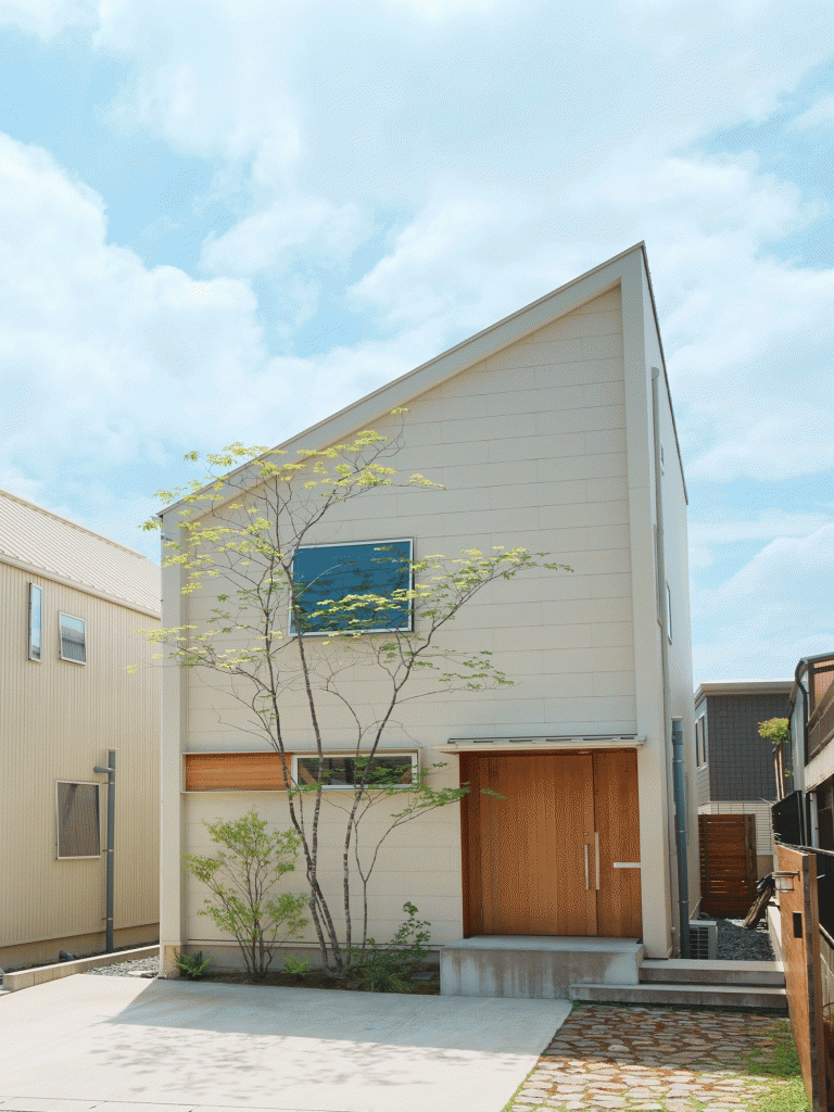 白のとんがり屋根の家